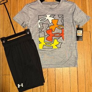 Under Armour boys 7 Gray Tee and Black Shorts Set with White, Orange & Yellow